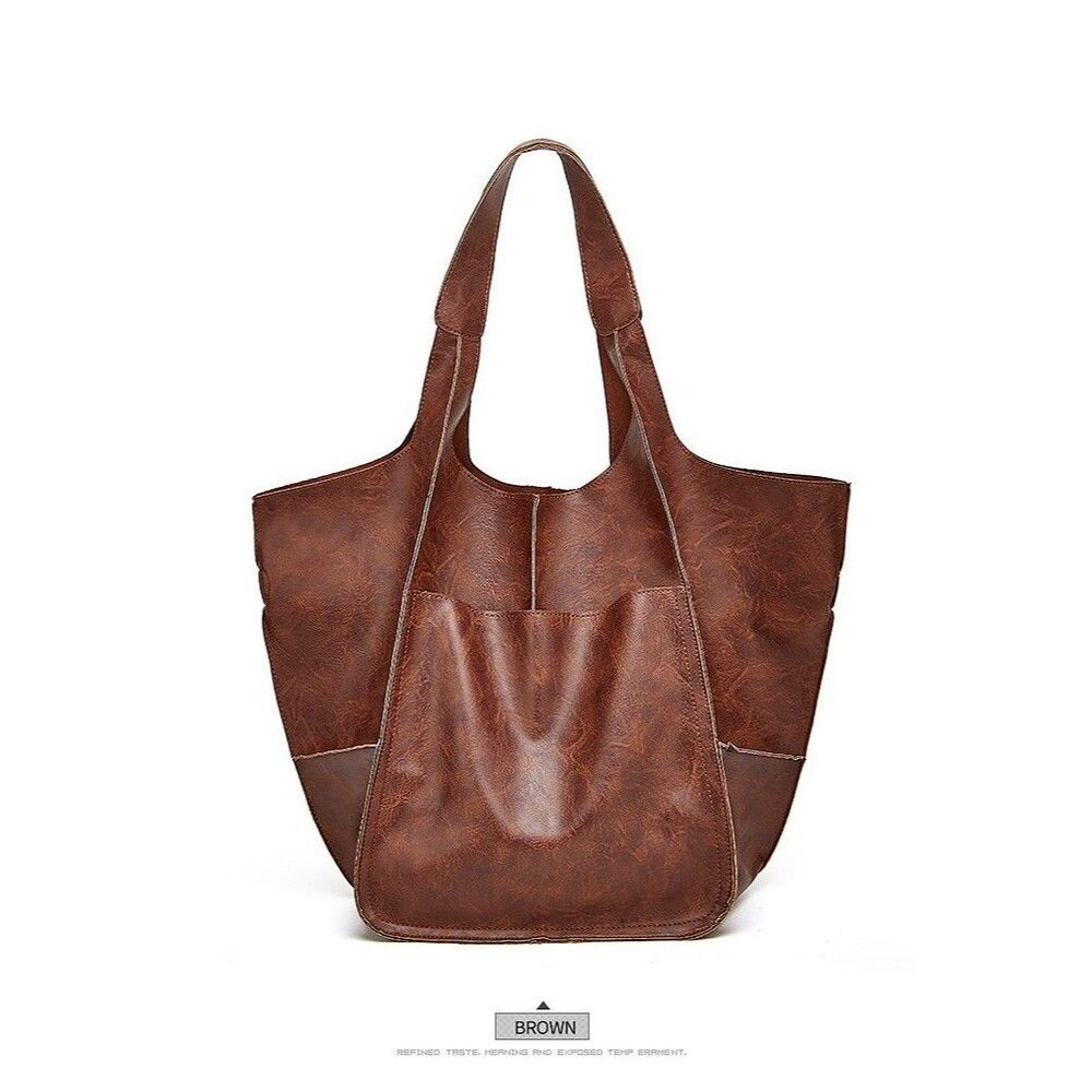 Women's Brown Tall Bucket Expandable Tote Handbag Shoulder Bag Tote Satchel - Picture 2 of 3